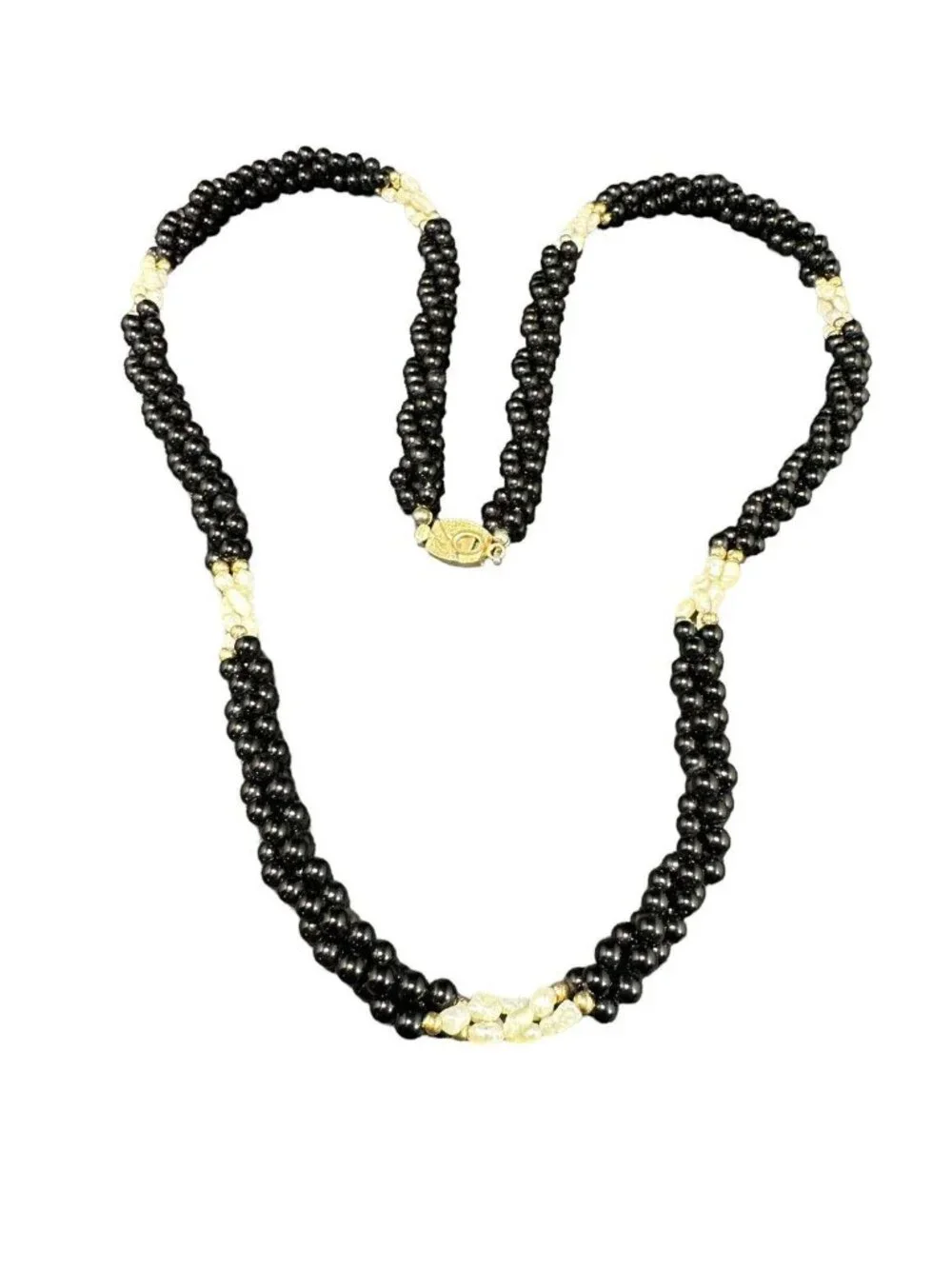 Vintage Necklace Gold Filled Freshwater Pearl And Black Onyx Three Strand Beads